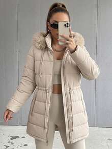 Women's Puffer Jacket With Faux Fur Lining For Winter With Hood - Beis - Ver 7