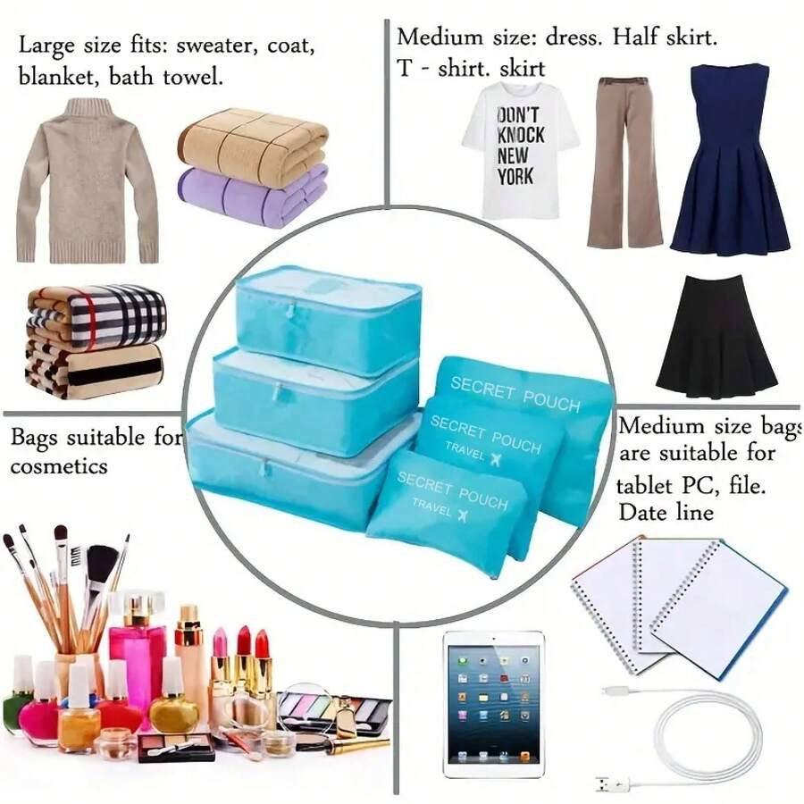 6 Piezas Juego Bolsas Organizadoras de Viaje Impermeables, Bolsas de Almacenamiento de Ropa Interior de Gran Capacidad con Cremallera, para Calcetines Sujetadores, Rosa/Azul/Gris - 6 piezas grises - Ver 1