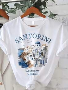 Camiseta de algodón de manga corta para mujer, con estampado de Santorini, cuello redondo, top casual de verano. - Blanco - Ver 6