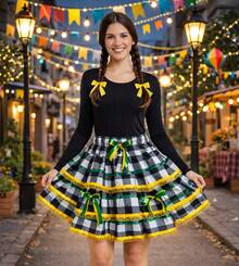 June Festival Skirt, Adult/Youth Cup, Countryside Checkered, Round Square Dance, Saint John's Day, Ruffles, Luxury - 黃色 - 查看 2
