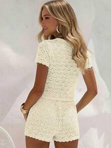 Conjunto de vacaciones de verano para mujer, conjunto de 2 piezas con top de punto de malla calado sexy y shorts - Conjunto de vacaciones de 2 piezas para mujer, conjunto de salida de punto calado para club nocturno, conjunto ajustado sexy para mujer - Beis - Ver 7