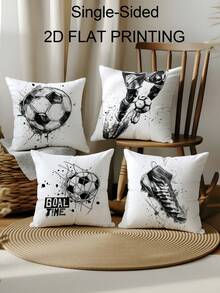 4pcs Black & White Soccer Print 2D Flat Printing Throw Pillow Covers, Single-Sided Printed, Soft, Grunge Football, Soccer Shoes & "Goal Time" Quote Pillow Covers, Suitable For Sports Fans, Washable, Durable, Perfect For Living Room, Bedroom, Sofas, Couches Decoration, Single-Sided Design, Not Real Embroidery, Zippered - Multicolor - View 11