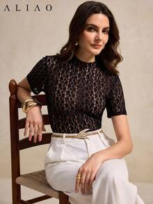 ALIAO Hollow Lace Round Neck Top, Spring/Summer Layering Essential, French Romantic Style Women T-Shirt, Suitable For Festivals, Gatherings, Casual Wear Black - Black - View 1