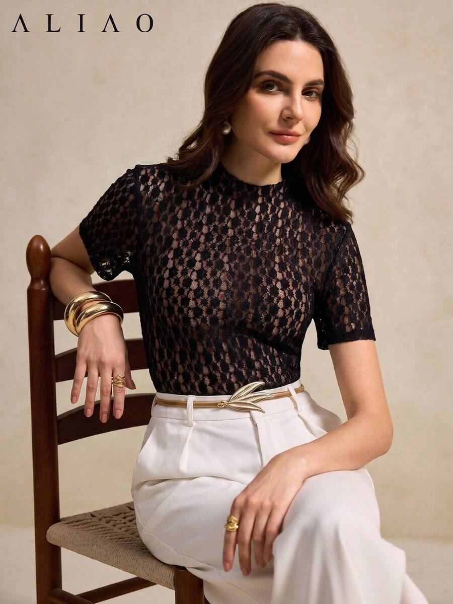 ALIAO Hollow Lace Round Neck Top, Spring/Summer Layering Essential, French Romantic Style Women T-Shirt, Suitable For Festivals, Gatherings, Casual Wear Black - Black - View 1