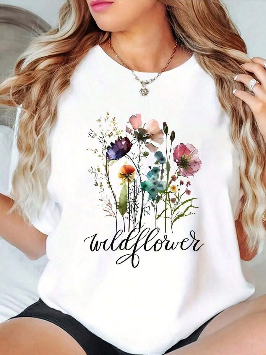 [Camiseta Floral] Camiseta de Cuello Redondo con Estampado Floral para Mujer, Primavera Verano |       Camiseta casual de manga corta - Blanco - Ver 1