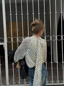 Seelio Spring/Summer New Women's Fashion European And American Style Minimalist Versatile Loose Bowknot Polka Dot Blouse - Beige - View 3