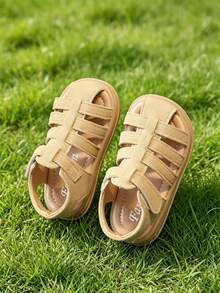 1 Pair Children's Sandals With PU Upper, Non-Slip Outsole, Hook And Loop Closure, 2026 New Closed Toe Design To Better Protect Kids' Feet, Soft & Breathable Lining, Suitable For Walking, Playing, Beach, Casual Wear - Camel - View 5