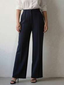 Women's Minimalist 2-Pieces Set: High-Waisted Wide-Leg Pants, Classic Navy Blue And Coffee Color, Front Pleated Waistband, Modern Low-Key Luxury Office & Casual Pants Set, Effortlessly Elegant Professional And Streetwear Style Bottom - Multicolor - View 7