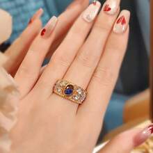 18K Gold Plated Hollow Floral Engraved Blue Oval Zirconia Open Ring For Women - Blue - View 5