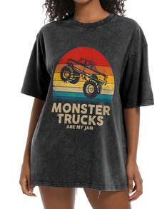 Cool Vintage Monster Truck Are My Jam Retro Sunset  Acid Wash Black Oversized T Shirt Men Women Streetwear Loose Fit Crew Neck Basic Tee For All Seasons Cosplay, - màu đen - Xem 3