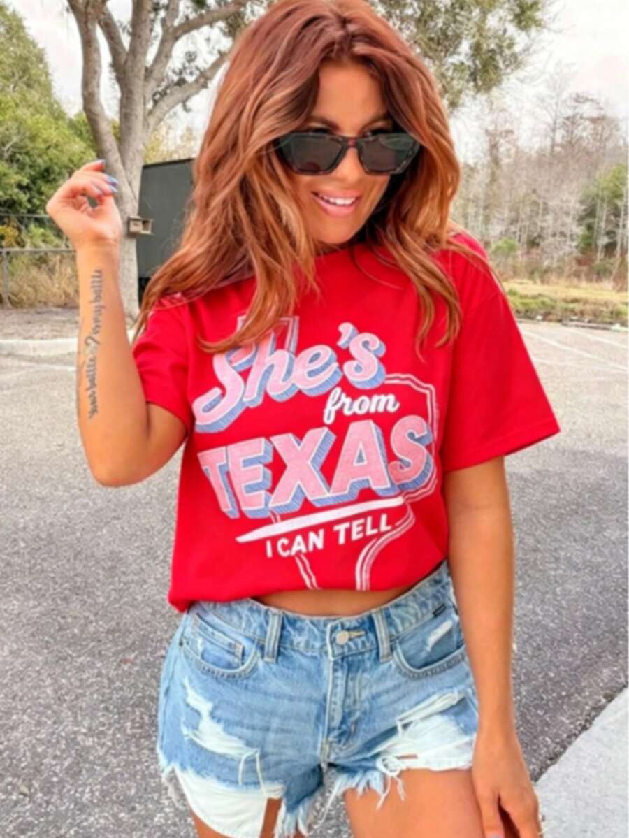 She's From Texas Graphic Top-Loose-Fit Easy Relaxed Style, - 紅色 - 查看 1