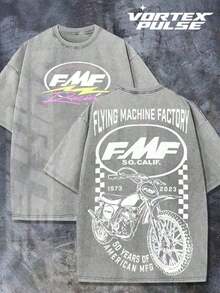Summer Tops2026 Summer TopsDistressed And Washed Short-Sleeved T-Shirt Double-Sided Print Racing Motorcycle 50 Years American Mfg Vintage Logo Graphic - 灰色 - 查看 12