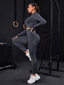 Seamless Zip-Up Tracksuit With Thumb Holes - Dark Gray - View 3