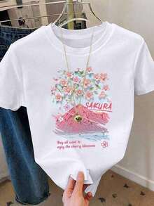 Camiseta de manga corta con cuello redondo y estampado floral de hibisco y eslogan, estilo casual minimalista y fresco para chicas adolescentes, ideal para el verano. - Blanco - Ver 4
