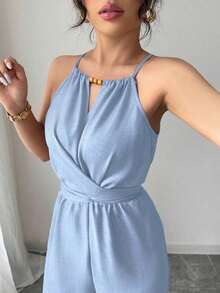 Women& # 39;S Casual Blue Wrinkled Fabric Sleeveless Halter Beaded Waist Twist Design Straight Jumpsuit Tie Bow Design At Back, Spring And Summer Royal Blue Group Purchase Sky Blue Group Buy Cerulean Blue - Màu xanh nhạt - Xem 5