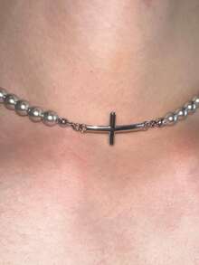 1件简约时尚Y2K甜美十字架珍珠叠层项链，适合日常佩戴和节日装扮 - 彩色 - 查看 5