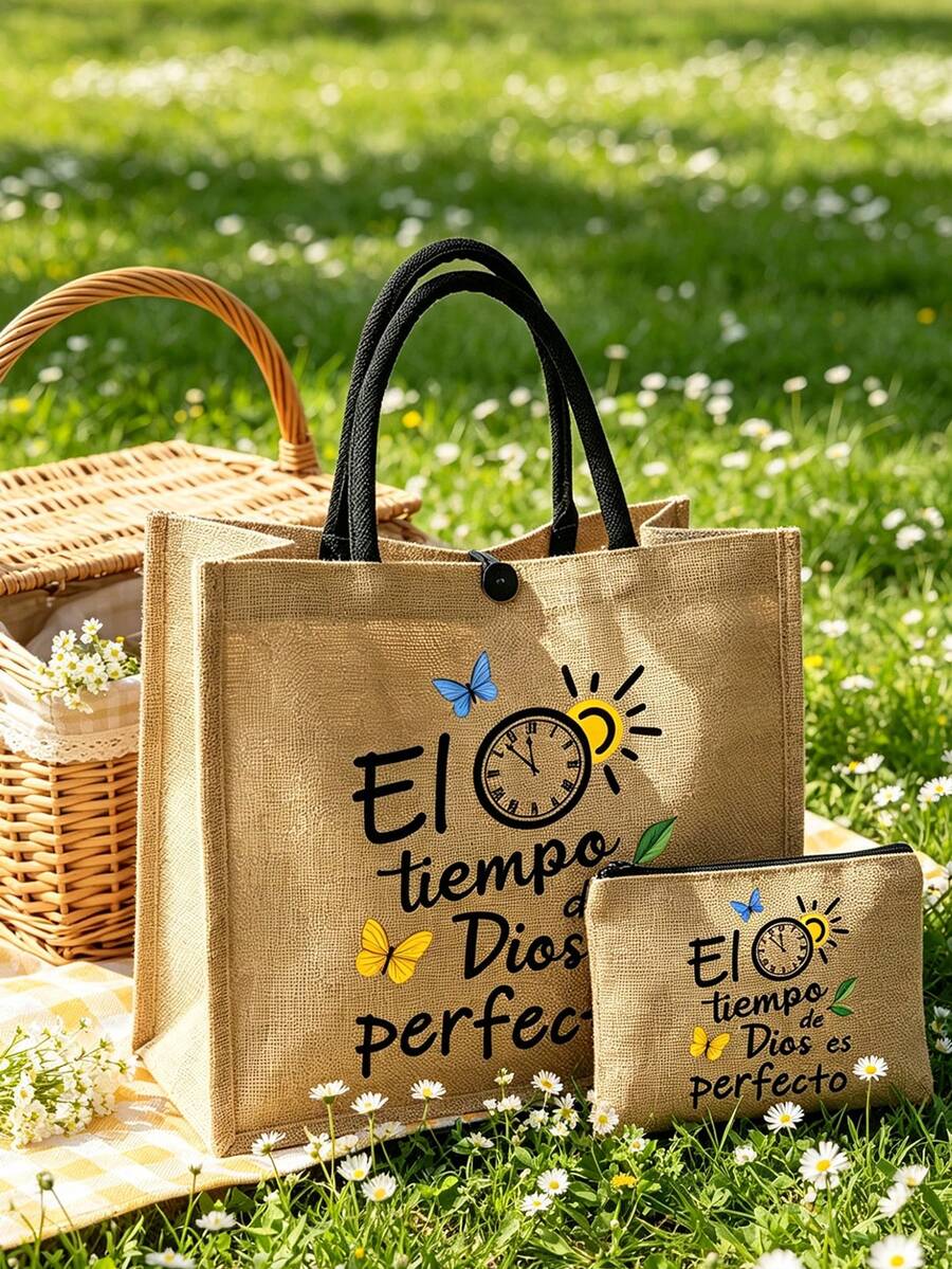 两件套亚麻手提袋 | “El-Tiempo”字母印花帆布单肩包 | 大容量购物袋，带搭扣 | 母亲节、父亲节、教师节、毕业礼物、伴娘礼物 | 春季花园派对、海滩度假、日常通勤