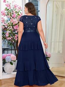 Đầm dạ hội chiffon cổ chữ V đính sequin, ren hoa, phối ren, viền bèo nhún, sang trọng, thích hợp cho tiệc sinh nhật, tiệc chiêu đãi, lễ tốt nghiệp, các ngày lễ mùa xuân. - Màu xanh hải quân - Xem 2