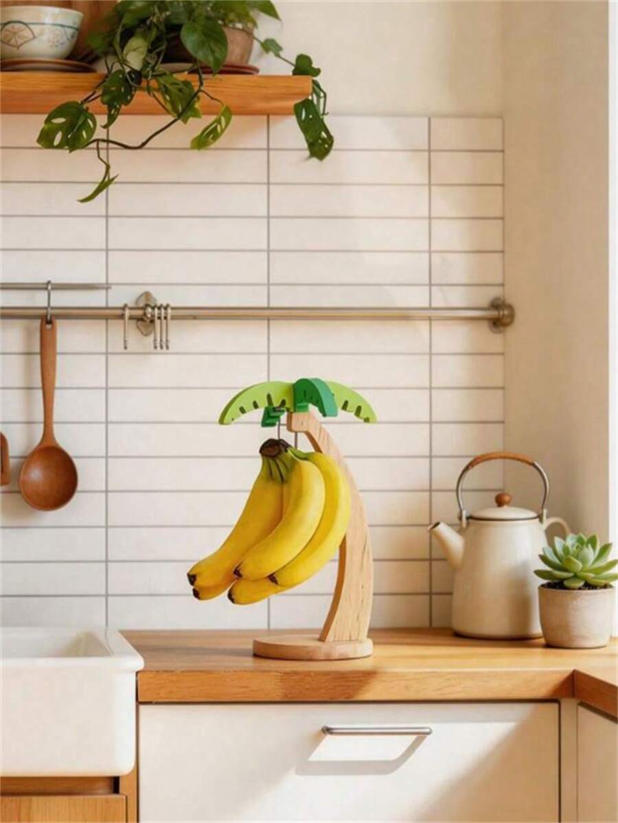 1pc Wooden Banana Holder Rack, Home Storage Organizer For Living Room, Fruit Display Shelf (With Artificial Leaves), Vertical Fruit Rack, Multi-Function Rack With Stainless Steel Hook, Banana Shaped Rack - Yellow - View 1