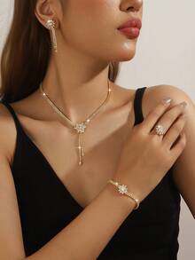 Conjunto de 3 piezas de collar, aretes y pulsera con flor de circonita micro-incrustada, elegante y versátil, adecuado para uso diario, citas universitarias, bodas y fiestas, regalo ideal para el Día de San Valentín y días festivos - Conjunto de collar de moda - Ver 10