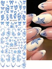 SWEET TREND 3D 藍色花朵美甲貼紙 2入 鏤空浪漫優雅 木槿花蝴蝶結條紋線條 法式美甲尖端設計 DIY Y2K 時尚婚禮春夏花卉動物自黏式凝膠指甲油貼紙美甲裝飾 - 彩色 - 查看 1