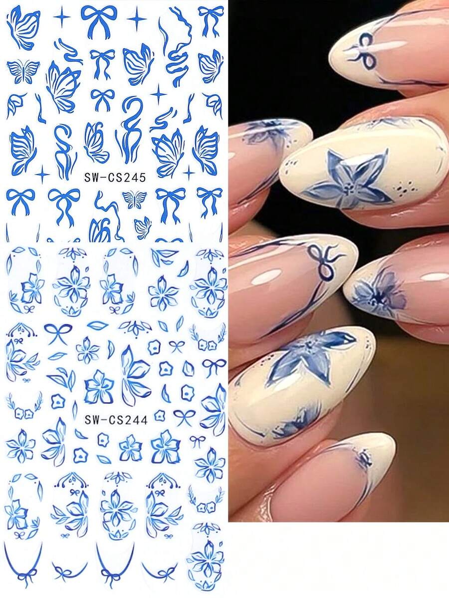 SWEET TREND 3D 藍色花朵美甲貼紙 2入 鏤空浪漫優雅 木槿花蝴蝶結條紋線條 法式美甲尖端設計 DIY Y2K 時尚婚禮春夏花卉動物自黏式凝膠指甲油貼紙美甲裝飾 - 彩色 - 查看 1