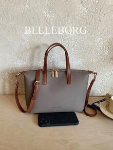 Bolso de mano grande, ligero y minimalista con textura de lichi para mujer - Gris - Ver 9