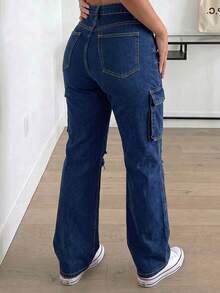 Women's High Waist Cargo Jeans With Ripped Detail, Retro Street Style, Versatile Denim Pants - Dark Wash - View 2