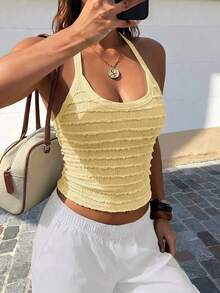 Solid Color Ribbed Halter Neck Top, Suitable For Beach, Vacation, And Dates In Spring/Summer - Yellow - View 5