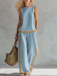 Conjunto de chaleco con mangas a contraste y pantalones de pierna ancha - azul cielo - Ver 1