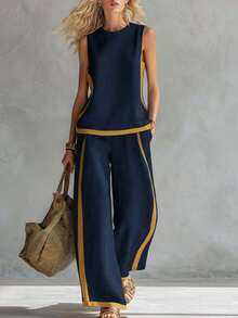 Conjunto de chaleco con mangas a contraste y pantalones de pierna ancha - Azul oscuro - Ver 4