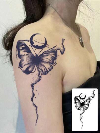 1 pieza Tatuaje temporal de luna creciente con puntos y mariposa, resistente al agua y de larga duración, pegatina de tatuaje decorativo para brazo/hombro/cuello, estilo INS