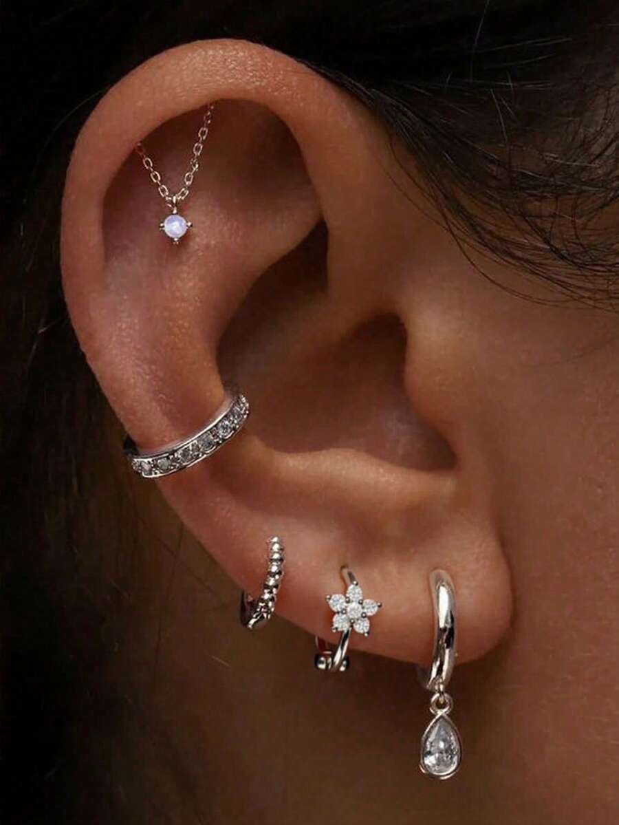5pcs Fashionable Cubic Zirconia Star & Water Drop Design Linked Earring Set, Copper Jewelry Accessory Suitable For Daily Wear - Silver - View 1