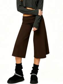 Fold Over Gaucho Pants Culottes For Women Low Rise Capris Foldover Flowy Going Out Flare Bottoms Wide Leg Capri Pants - 棕色 - 查看 6