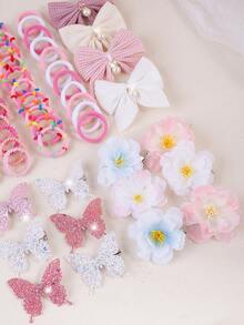 181pcs Pink Ombre Dreamy Princess Style Hair Accessories Set For Girls, Spring & Summer, Includes Shiny Butterfly Hair Clips, Pearl Bow Hair Clips, Camellia Hair Clips, High Elastic Non-Damaging Hair Ties, Suitable For Daily, Outing, Party To Create Elegant Hairstyles - Multicolor - View 6