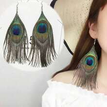 1pair Bohemian Style Peacock Feather Earrings, Exaggerated Vintage Handmade Ear Jewelry - Bạc - Xem 2