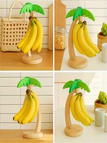 1pc Wooden Banana Holder Rack, Home Storage Organizer For Living Room, Fruit Display Shelf (With Artificial Leaves), Vertical Fruit Rack, Multi-Function Rack With Stainless Steel Hook, Banana Shaped Rack - Yellow - View 7