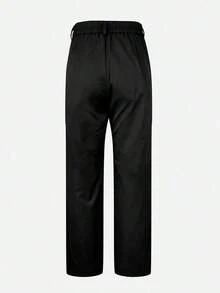 rectos de tela de traje con bolsillo con cremallera de unicolor  cintura, elegantes para la oficina, casuales y versátiles, para primavera/veranossfin, - Negro - Ver 6