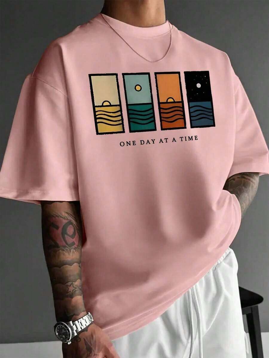 Compatible With The Minimalist Printed Short-Sleeved T-Shirt For Men, Comfortable And Breathable, Suitable For Summer, Fashionable. - 粉色 - 查看 1