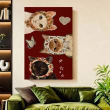 Con marco Póster de Pared de Gato en 2D Plano, 1 Pieza Enmarcado - Pintura Moderna en Lienzo Envolvente Vertical con Fondo Rojo y Gatos con Pañuelo, Decoración Colgante Adecuada para Dormitorio, Cocina, Oficina - Decoración de Invierno/Primavera, Lienzo de Tinta - Enmarcado - Ver 2