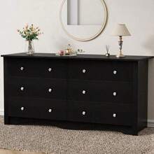 6 Drawer Double Dresser, Wide Wood Chest Of Drawers Storage Tower Storage Living Room Bedroom - 黑色 - 查看 8