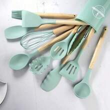 Wooden Handle Silicone Cooking Utensils, Spatula Spoon Tools, Heat Resistant Food Tongs Mixer Accessories, Kitchen Tools - Multicolor - View 2