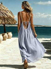 Vestido casual de mujer de unicolor, de tela tejida, con espalda descubierta y lazo, para playa y vacaciones de verano - Lila Púrpura - Ver 6