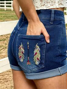 Shorts vaqueros casuales con bordado de plumas al estilo occidental y elástico para mujer - Azul lavado medio - Ver 1