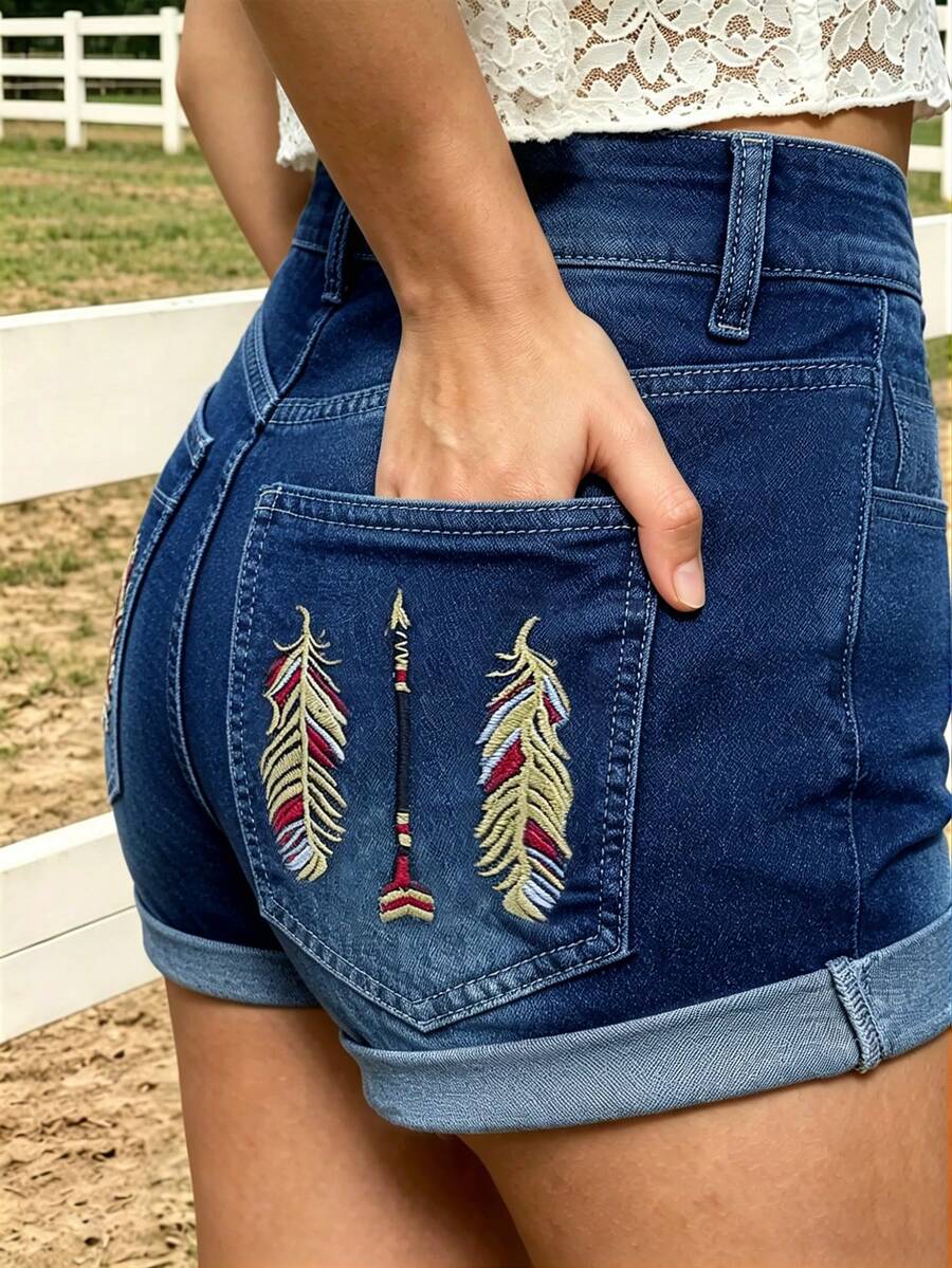 Shorts vaqueros casuales con bordado de plumas al estilo occidental y elástico para mujer - Azul lavado medio - Ver 1