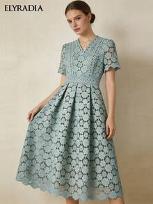 ELYRADIA Vestido midi elegante y casual con cuello en V de encaje, de manga corta, con temperamento elegante, adecuado para ocasiones formales y fiestas - verde menta - Ver 1