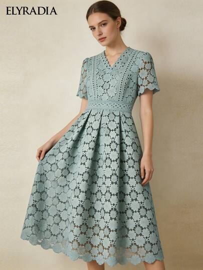 ELYRADIA Elegant Casual V-Neck Lace Midi Dress Short Sleeve Fashionable Temperament Wedding Bridesmaid Suitable For Formal Occasions Parties