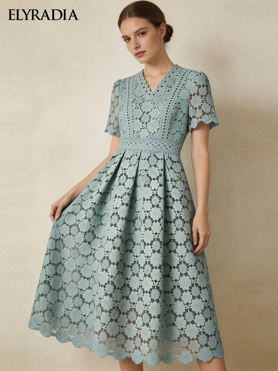 ELYRADIA Vestido midi elegante y casual con cuello en V de encaje, de manga corta, con temperamento elegante, adecuado para ocasiones formales y fiestas - verde menta - Ver 1