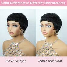 1B Color Short Wig With Bangs, Layered Pixie Cut Wig, Real Human Hair, Wig For Valentine's Day Gift, Fully Hand-Tied Black Short Hair Wig - Natural Black - View 8
