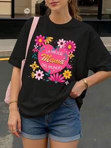 Camiseta Negra con Estampado de Corazón Floral y Texto La Mejor Mama del Mundo para Mujer - Negro - Ver 1